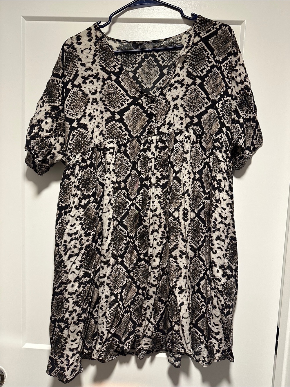 Zara Black and Beige Snake-Print Mini Dress with V-Neck